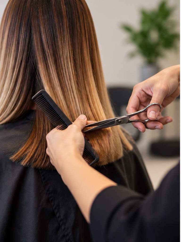 Glossy chestnut hair, freshly finished in the salon chair